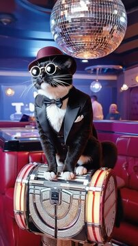 Stylish Cat in Formal Attire Performs at a Retro Venue Generative AI