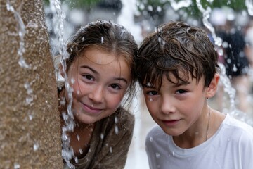 This enchanting image captures two happy children bonding playfully in the refreshing splashes of a fountain, showcasing playful innocence and joy in a lively atmosphere.