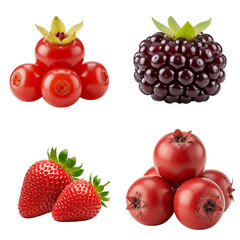 Fresh assorted berries and small fruits on white background  