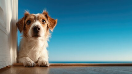 A playful dog peers curiously from behind an open door, embodying companionship and curiosity against a serene beach backdrop with a clear blue sky.