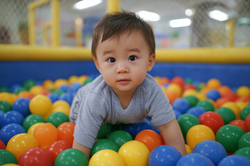 Obraz premium Adorable asian baby boy looking at the camera in a colorful ball pit
