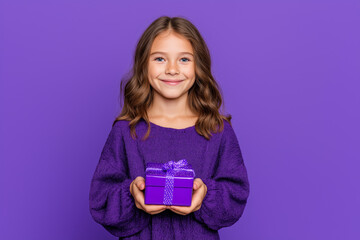 Happy girl holding a purple gift box with a wide smile