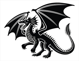 Fierce black dragon illustration with spread wings and scales – mythical creature tattoo or fantasy design