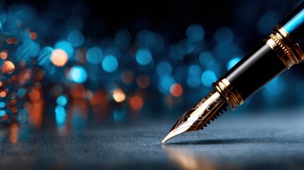 Capturing the essence of creativity, this close-up of a glistening fountain pen positioned elegantly on a table symbolizes inspiration, artistry, and the power of written expression.