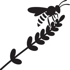 Silhouette of a bee perched on a plant stem with leaves in a simple black and white illustration
