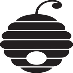 A simple black and white illustration of a beehive with a single entrance and a curly antenna