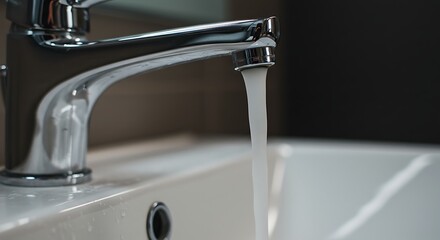 Water Flowing from Faucet: A close-up shot features a gleaming, chrome faucet with clear water cascading into a pristine sink, symbolizing purity and everyday use.