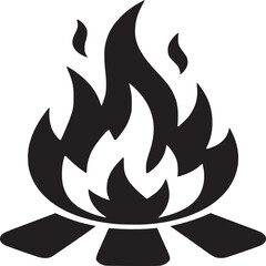 A graphic illustration of a campfire with flames and logs in black and white on a white background