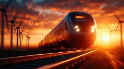 Naklejka premium A dynamic scene of a train speeding along tracks, set against a dramatic sunset with wind turbines in the background, embodying movement and progress.