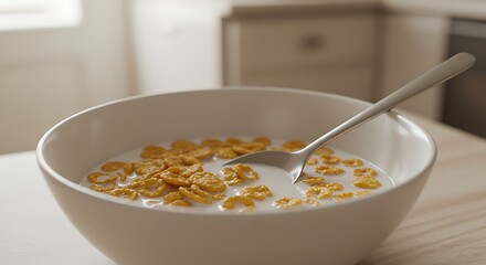 Breakfast Cereal Delight: A captivating close-up captures the enticing bowl of breakfast cereal. The milk envelops the crunchy flakes, ready to be savored with a stainless steel spoon.