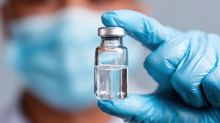 A medical professional in blue gloves showcases a small vaccine vial, symbolizing health care, community well-being, and the pursuit of safety and wellness against disease.