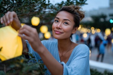 A cheerful woman hangs paper lanterns at dusk, enjoying the atmospheric glow, representing joy, creativity, and connection with nature in a blissful gathering.