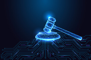 AI ethics and justice concept with judge gavel and digital circuit board, legal tech vector illustration