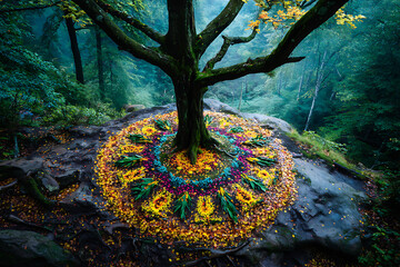 A tree stands on a rock formation decorated with a colorful mandala of flowers and leaves in forest