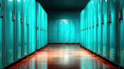 A series of vibrant turquoise lockers illuminate a modern gym, highlighting themes of fitness, community, and the importance of personal space in shared environments.