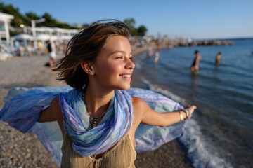 A joyful young woman holds her colorful scarf, standing at the beach as the waves gently lap at her feet, embodying the essence of freedom and carefree beach life.