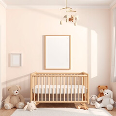 blank canvas mockup in a cozy nursery pastel decor with playful plush toys wall art display whimsical children theme portrait orientation grid for online selling at Adobe Stock