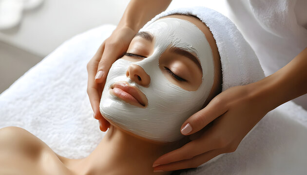 Woman receives facial treatment at spa. Masseuse performs face mask, gentle massage. Skincare, beauty, wellness concept. Spa day for relaxation, healthy skin - Powered by Adobe