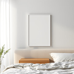 blank canvas wall mockup in a cozy bedroom environment modern frame design for art display iso a3 size trendy nightstand decor soft fabric headboard backdrop stylish hygge aesthetic 3d render image