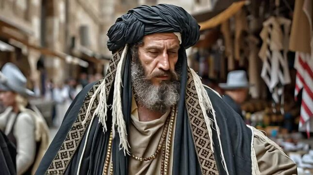 An ancient Jewish Pharisee in the Jerusalem market in the period of Jesus Christ under golden light reflecting the religious and political tensions of the time.