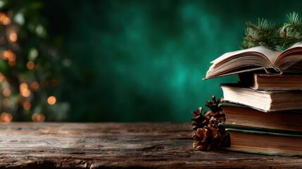 Obraz premium An inviting arrangement of open books, adorned with a subtle festive touch, creates a warm atmosphere perfect for cozy reading moments by a softly blurred background.