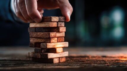 A hand carefully places wooden blocks in a steady stack, highlighting focus and precision amidst a rustic background that enhances the tactile quality of the scene.