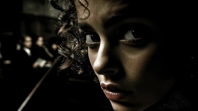 Intense gaze of a woman in dramatic lighting amidst a focused audience in a dimly lit room