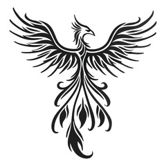 Fierce Phoenix Bird Illustration, ornate tribal line art with outstretched wings for tattoo and design concepts
