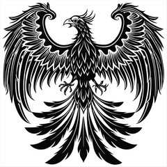 Black phoenix tattoo illustration with flowing feathers