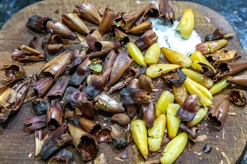 Roasted pinion, fruits of the Brazilian pine araucaria angustifolia, in rustic wood background and salt