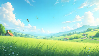 Obraz premium Vibrant Green Meadow, Distant Village, and Blue Sky Idyllic Countryside Landscape