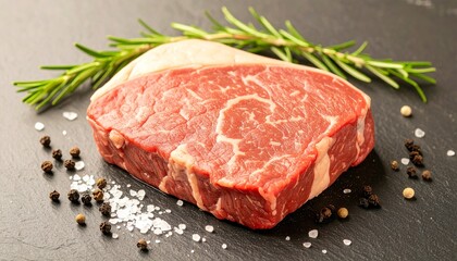 Raw Marbled Beef Steak on Slate with Salt, Pepper, and Rosemary – Gourmet Food Styling