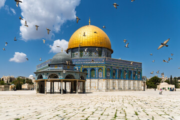 Ancient Dome of the Rock with Flying Pigeons at Temple Mount in Jerusalem, Israel