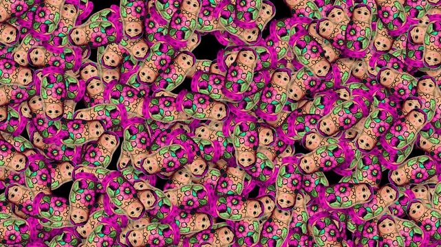 A vibrant pattern of nested dolls against a black background, creating a playful and colorful visual effect.