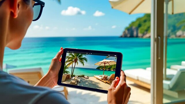 Person scrolling luxury villas on a tablet, vacation homes, tablet browsing. Travel planning. Beach resorts viewed through technology. Online searches simplify travel arrangements. Tropical vacation