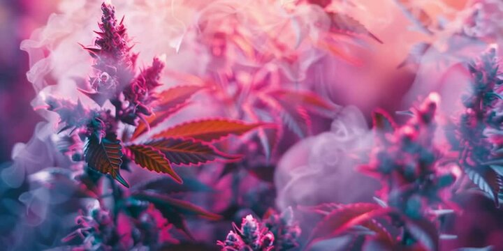 Cannabis with sticky THC trichomes and smoke billowing as the camera pans. Pink and blue (blurple) LED grow lights