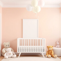 blank canvas mockup in a nursery bright pastel colored wall with plush toys portrait orientation whimsical children's theme modern frame design for artwork display and promotional use high quality 3d 