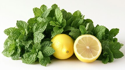 Lemon and Mint Leaves on White Background Representing Fresh Ingredients Healthy Foods and Natural Flavors for Culinary Recipe Development and Food Marketing