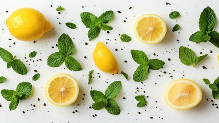 Lemon and Mint Leaves on White Background Representing Fresh Ingredients Healthy Foods and Natural Flavors for Culinary Recipe Development and Food Marketing