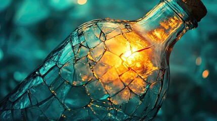 Lens flare on broken bottle - macro texture concept background image for design abstract art or creative visual media projects