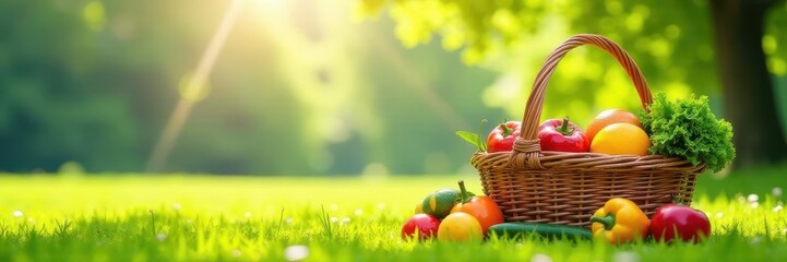 Sunny day, vibrant picnic basket, fresh fruit & veggies, blue, nature