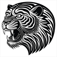 Roaring tiger head tattoo design in black and white with bold lines and tribal style

