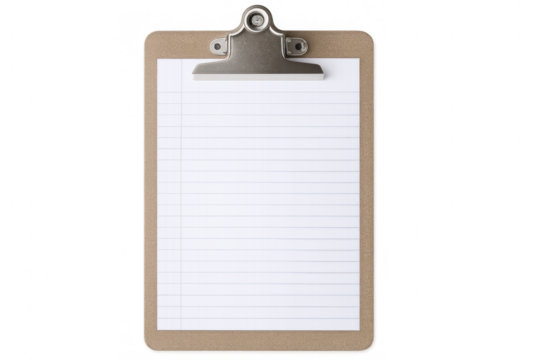 Blank lined paper clipboard casting shadow, transparent backdrop highlighting minimal workspace accessory