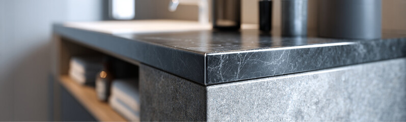 A macro detail of a bathroom corner with a grey metal stripe on the corner of a modern bathroom.