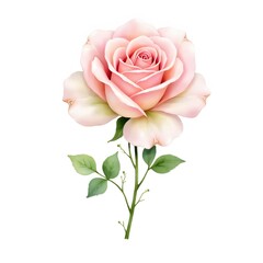 Digital Painting of a Pink Rose with Stem and Leaves