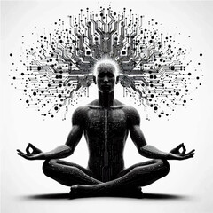 A black and white silhouette of a cyborg sitting in a lotus position during meditation, with digital quantum streams emanating from his head. Vector graphics. EPS.