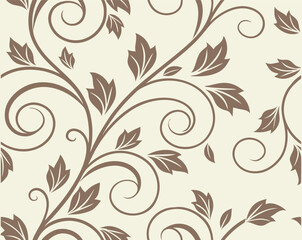 Seamless brown leaf and vine pattern on cream background, elegant botanical scroll design for wallpaper or textile 