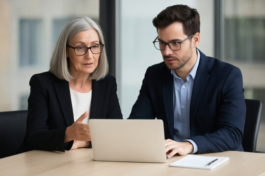 Business professionals collaborate on laptop, discussing ideas and strategies during a meeting in modern office setting