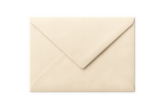 Studio shot of a closed beige envelope isolated on transparent background, perfect for graphic projects related to communication and mailing
