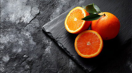 A still life of oranges on a dark slate board with a textured dark background creating a moody atmosphere